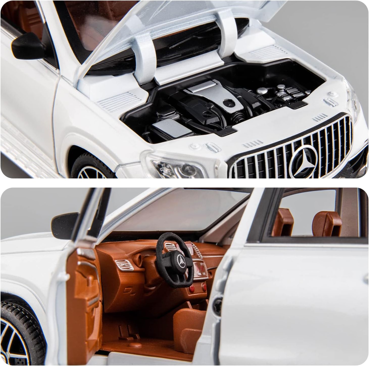 Close-up of a Mercedes-Benz model car with open hood and door, showing engine and interior.