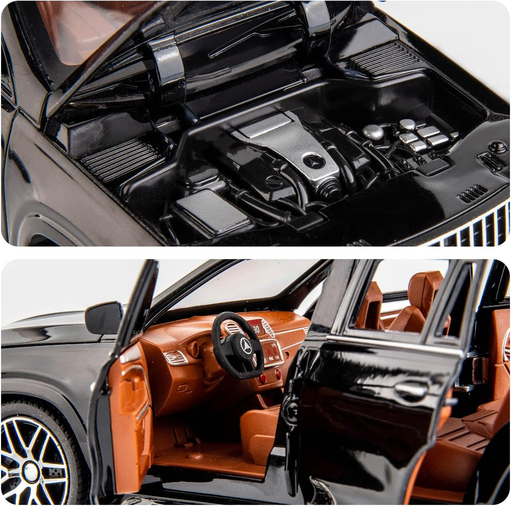Close-up of a model car's engine compartment and interior.