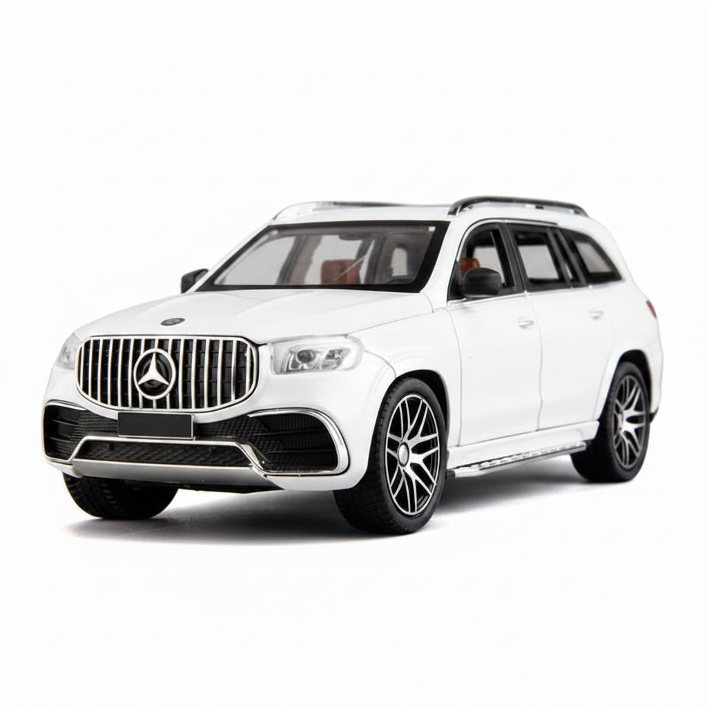 White model car with Mercedes-Benz logo on a white background
