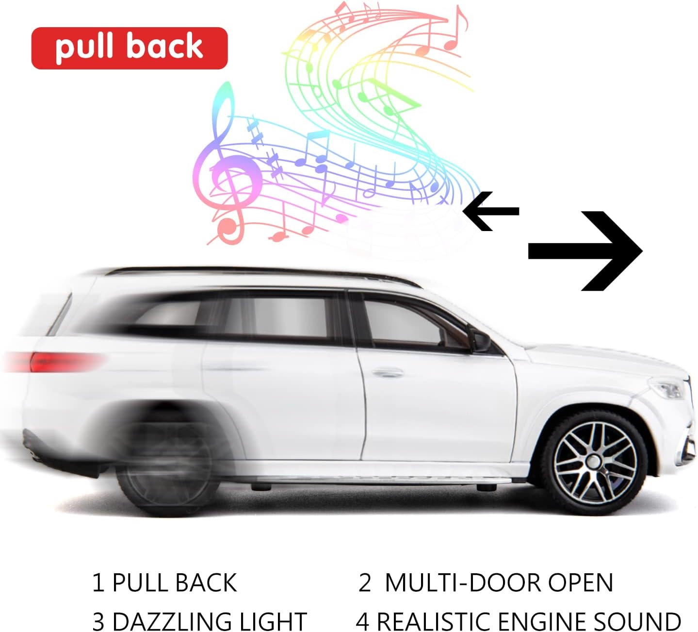 White toy car with musical notes and text indicating features like pull back, multi-door open, dazzling light, and realistic engine sound.
