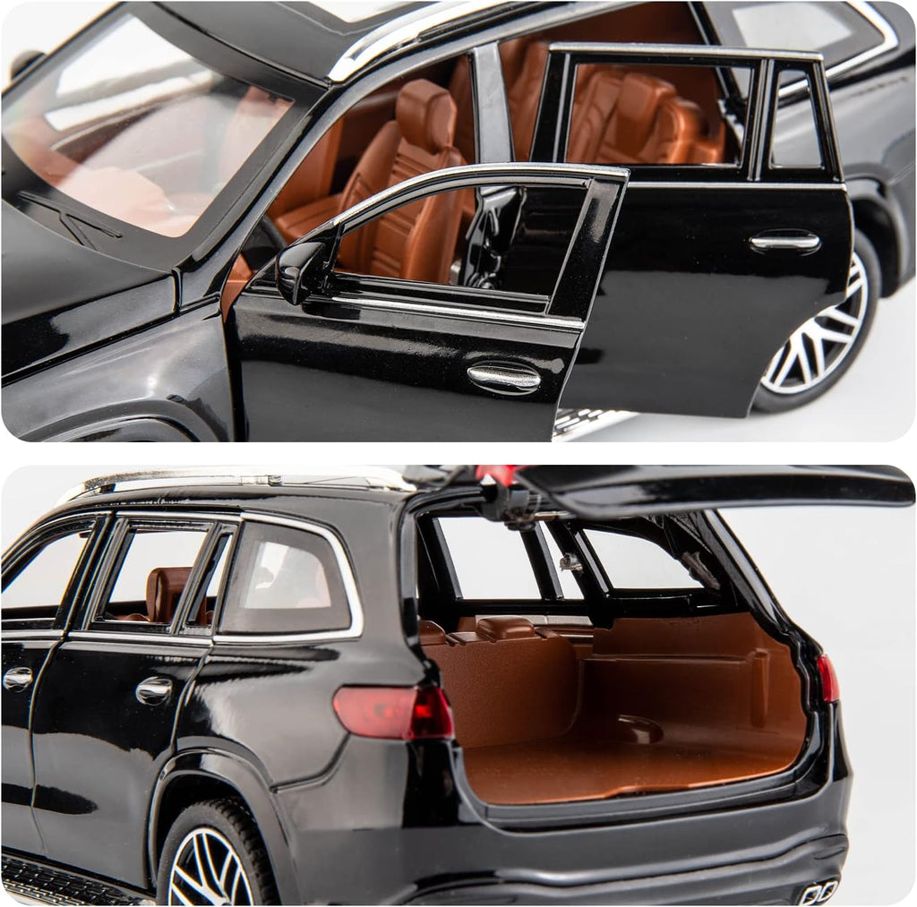 Black car with open door and trunk, interior visible