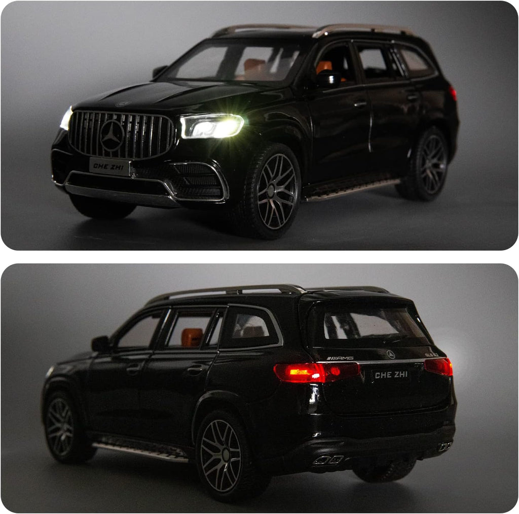 Black Mercedes-Benz SUV model with illuminated headlights and taillights on a dark background