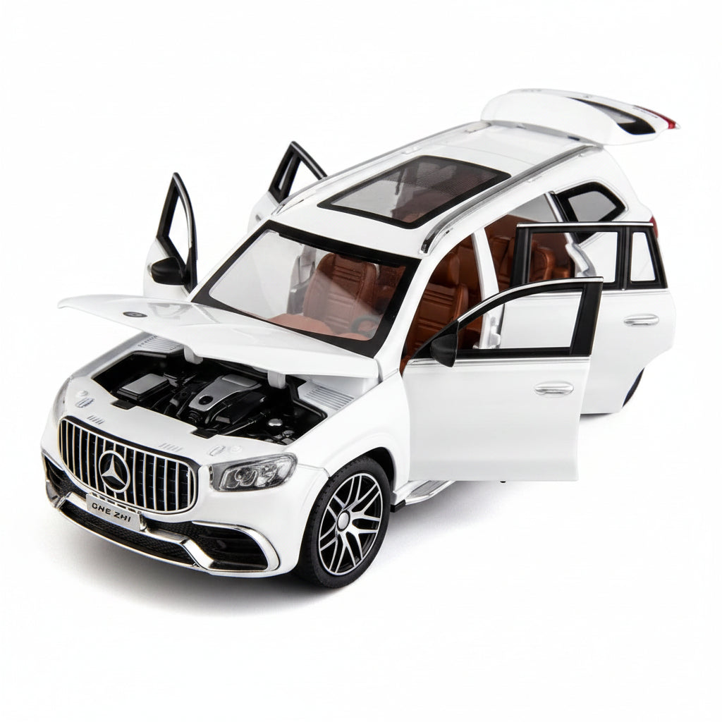 White model car with labeled parts and dimensions on a white background