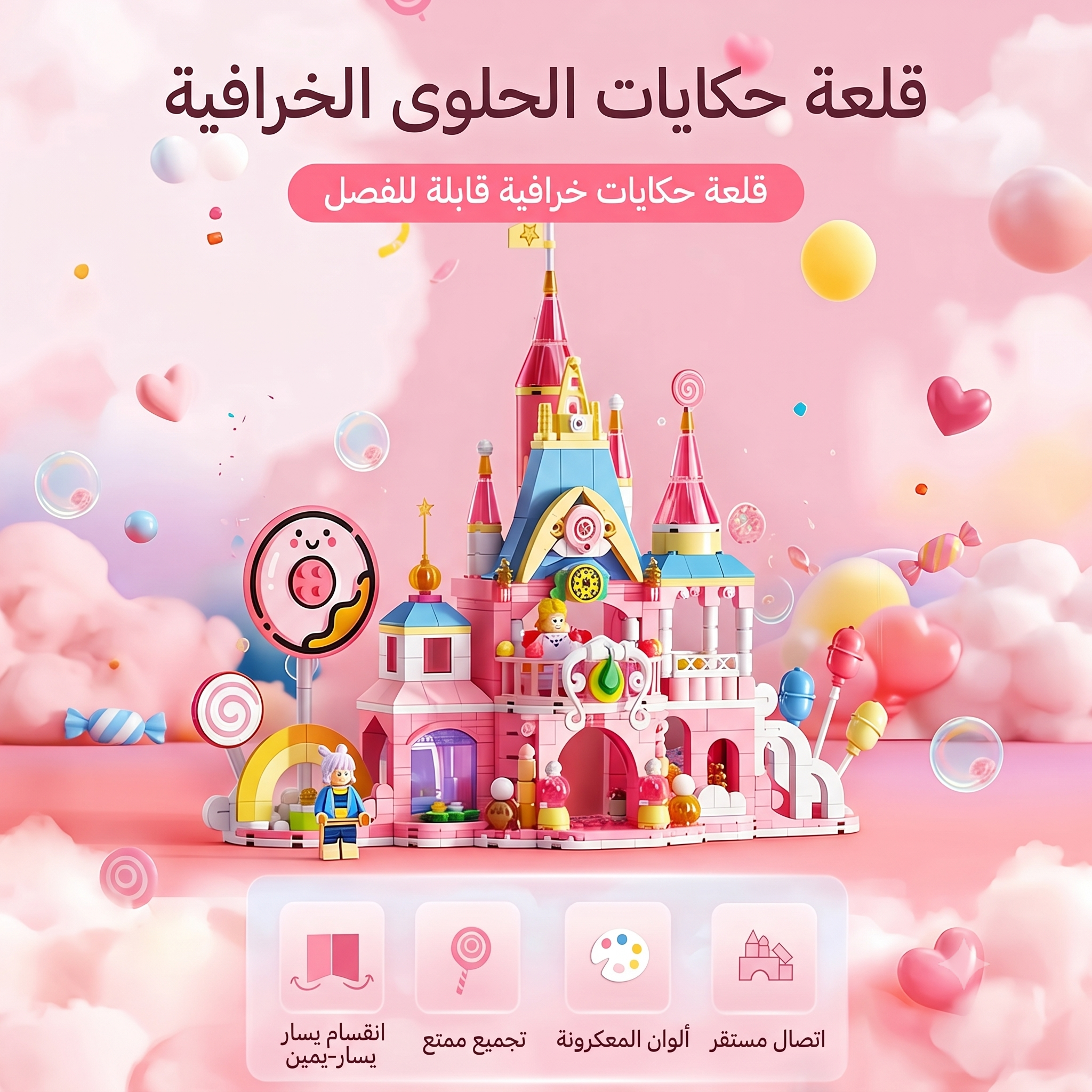 مجموعة مكعبات حكايات قلعة الحلوى - بدمية وألوان ماكارون - 701 قطعة
