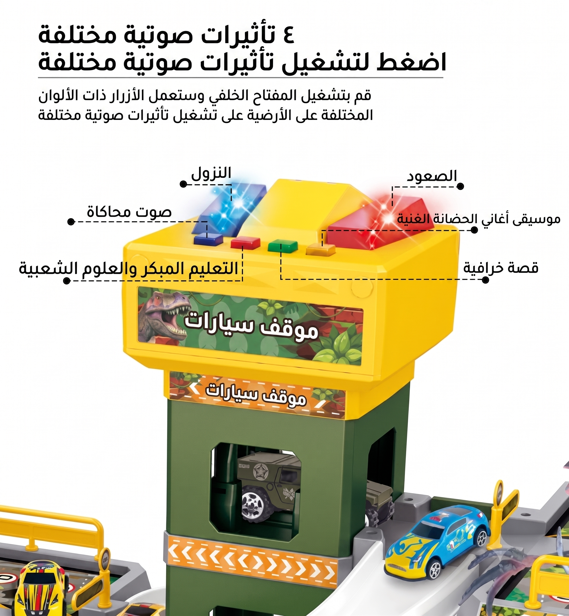 موقف سيارات الديناصورات 5 طوابق بمصعد كهربائي وصوت وضوء - 69 قطعة