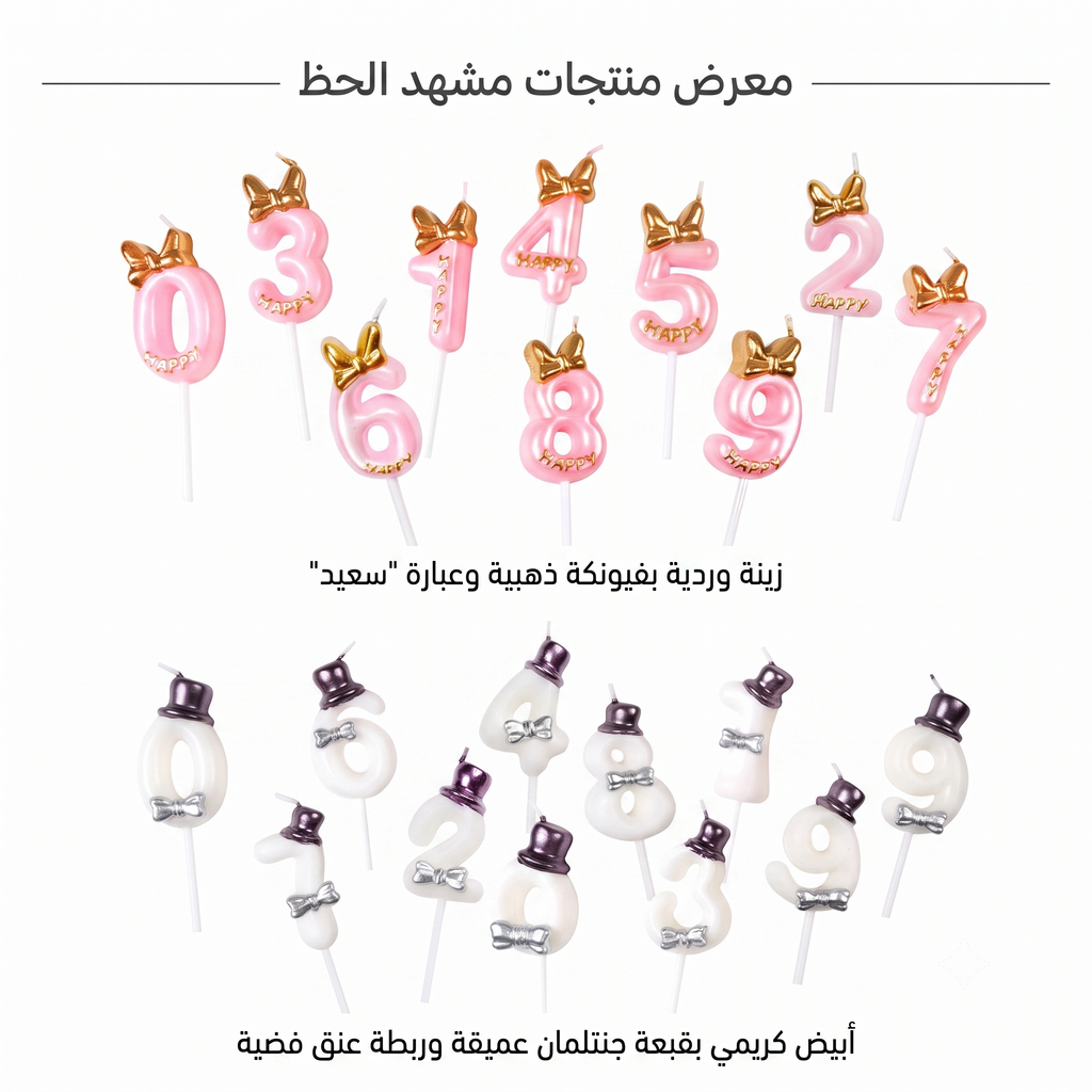شمعة عيد الميلاد بالأرقام 0-9 - أرقام بفيونكة وقبعة - وردي وأبيض