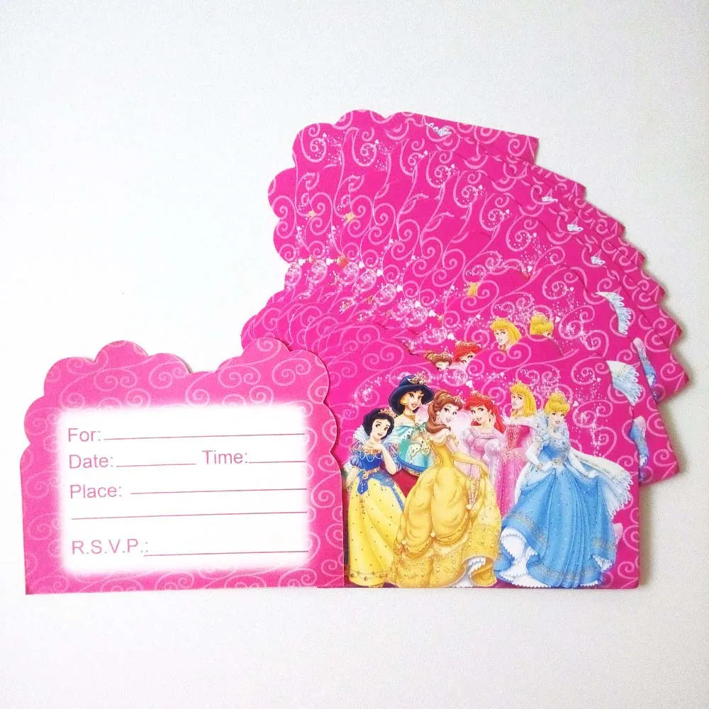 A pink Disney-themed party invitation card with a scalloped left panel containing fill-in lines for event details, and a larger right panel with a bright pink patterned background and illustrated Disney princesses including Snow White, Cinderella, and Ariel.