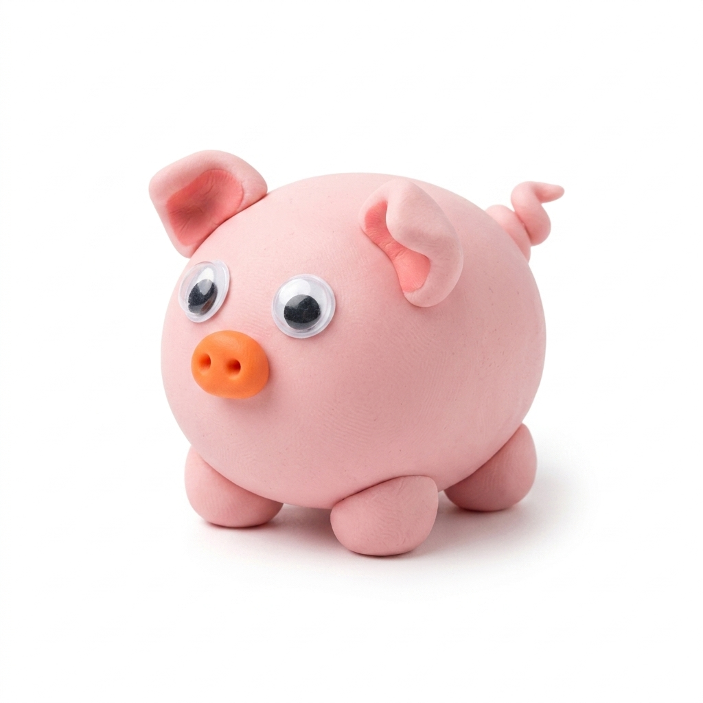Pink piggy bank with googly eyes and an orange nose on a white background