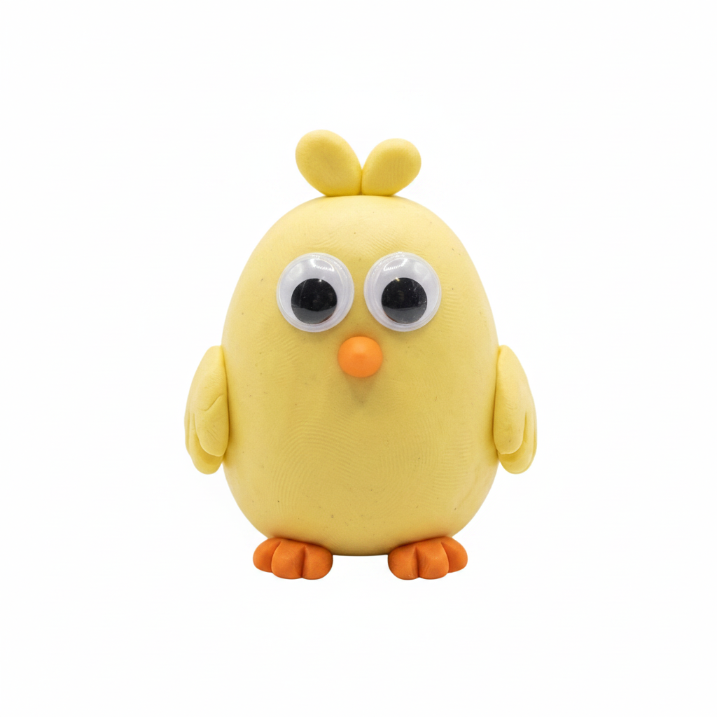 Yellow bird figurine with googly eyes and an orange beak on a white background