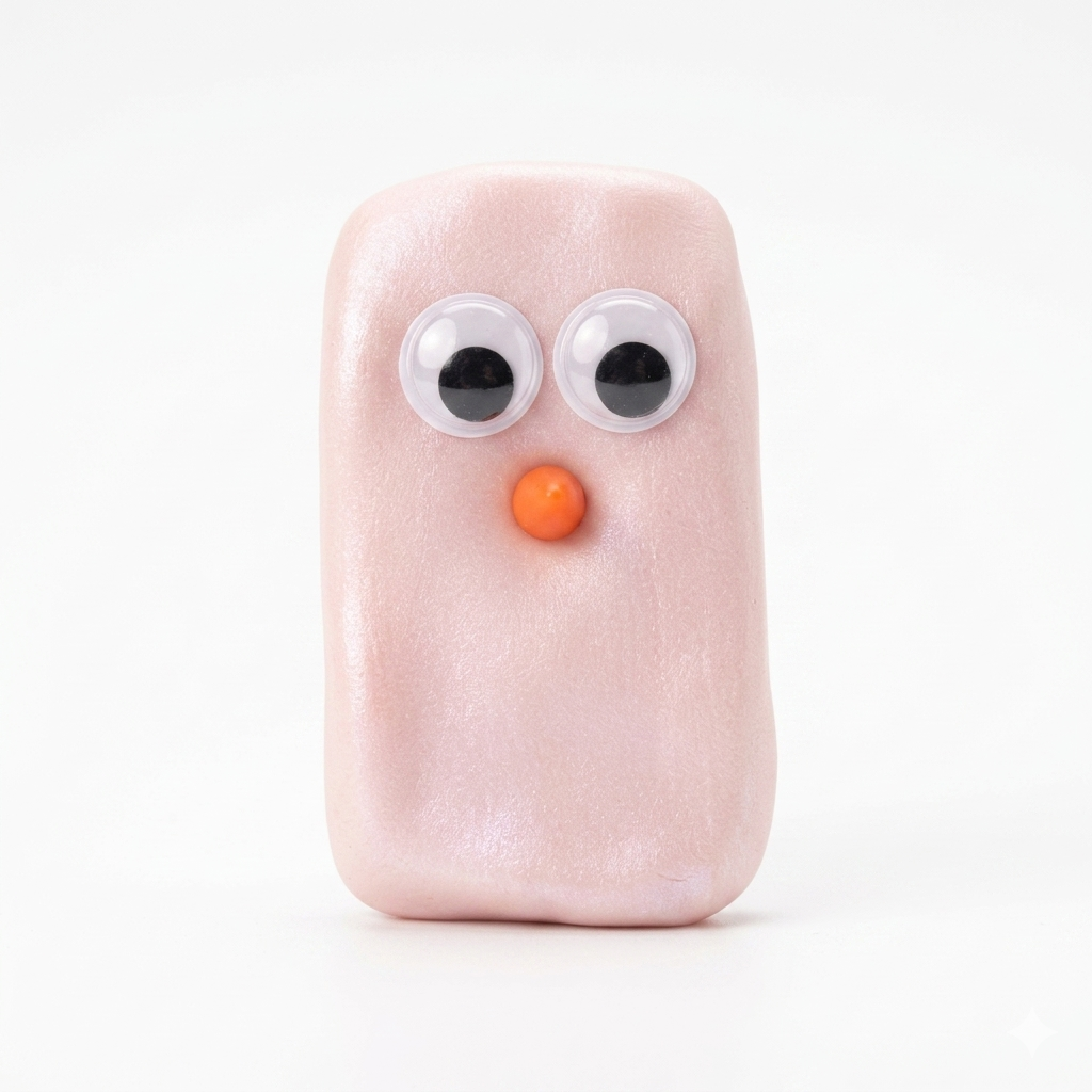 Pink rectangular object with googly eyes and a red nose on a white background