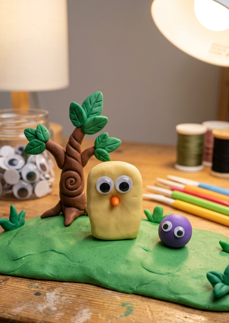 Playdough creation of a tree and bird on a wooden surface with crafting materials.