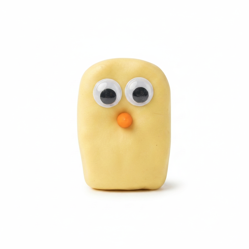 Yellow bird figurine with googly eyes and an orange beak on a white background