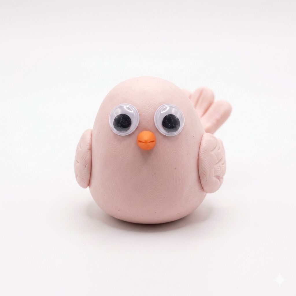 Pink owl-shaped object with googly eyes and an orange beak on a white background