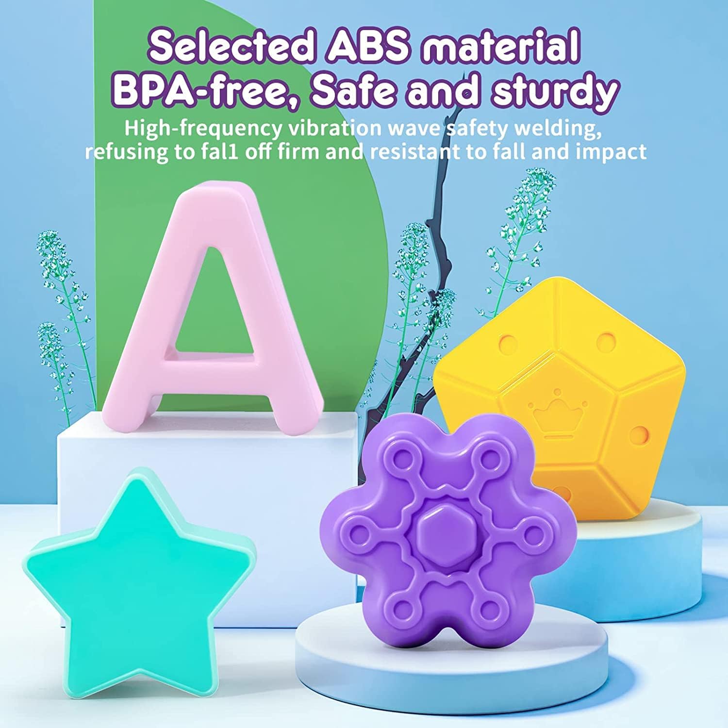 Colorful geometric toys on a white surface with text about material safety.