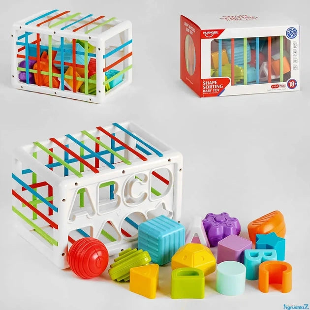 Colorful toy building blocks with geometric shapes and letter 'A' on a white background