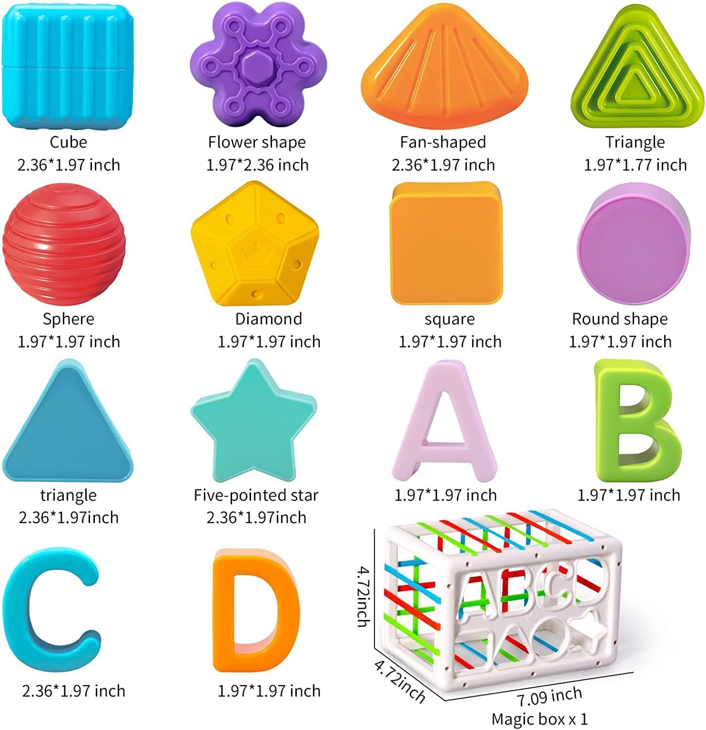 Collection of colorful geometric shapes and letter blocks on a white background