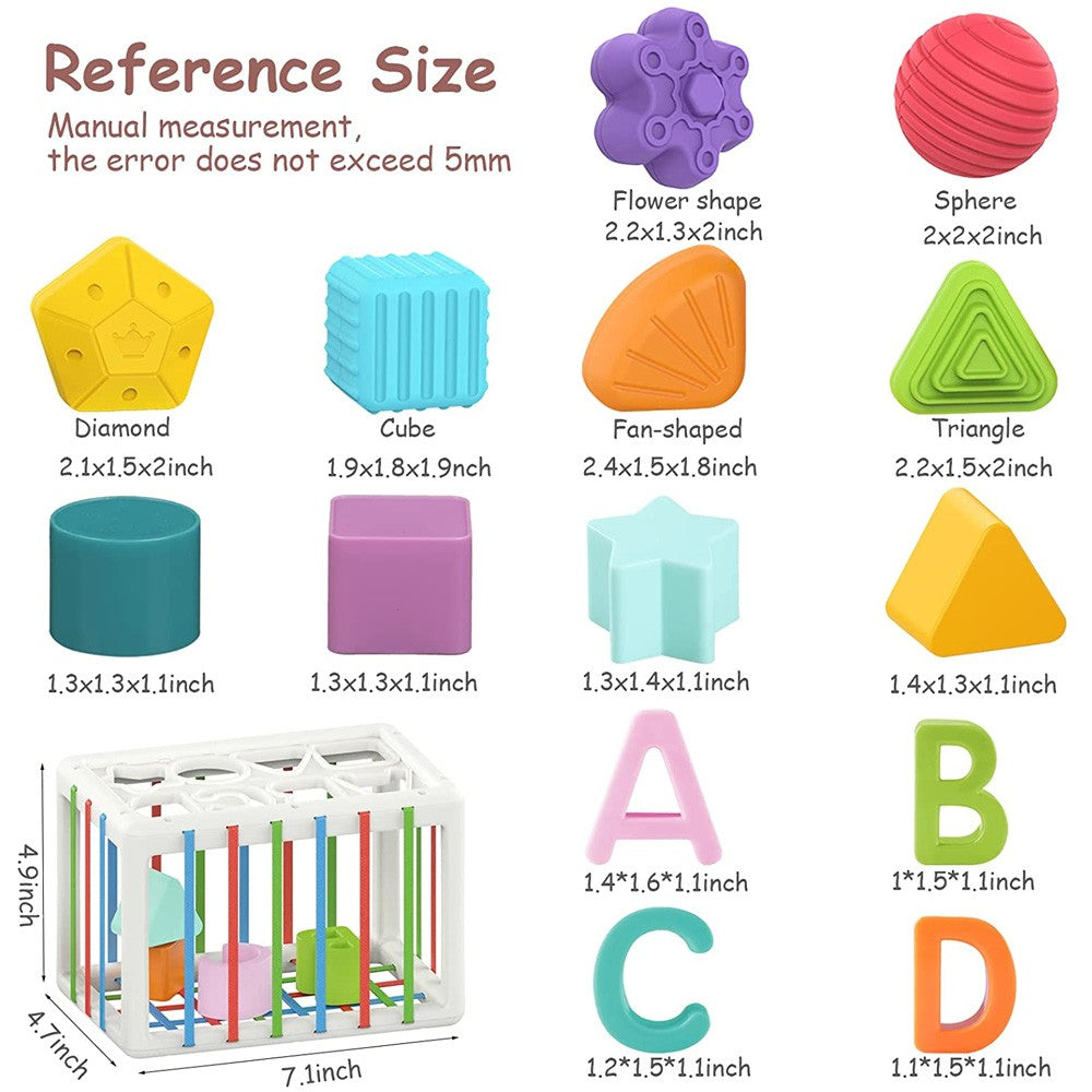 Colorful geometric shapes and letter blocks with measurements on a white background