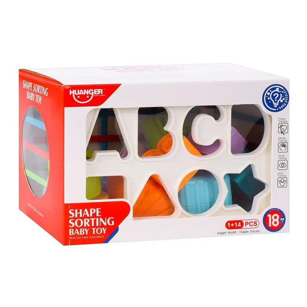 Box of a shape sorting baby toy with colorful geometric shapes and 'HUANGER' branding.