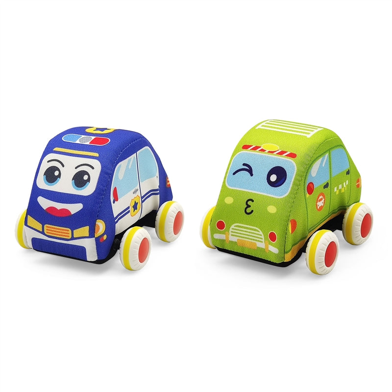 Two colorful toy cars, one blue and one green, on a white background