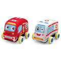 Two toy vehicles, one red and one white with blue accents, on a white background.