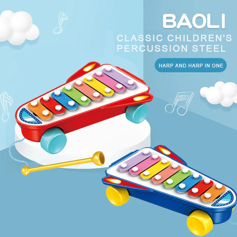 Colorful children's percussion toy with 'BAOLI' branding on a blue background