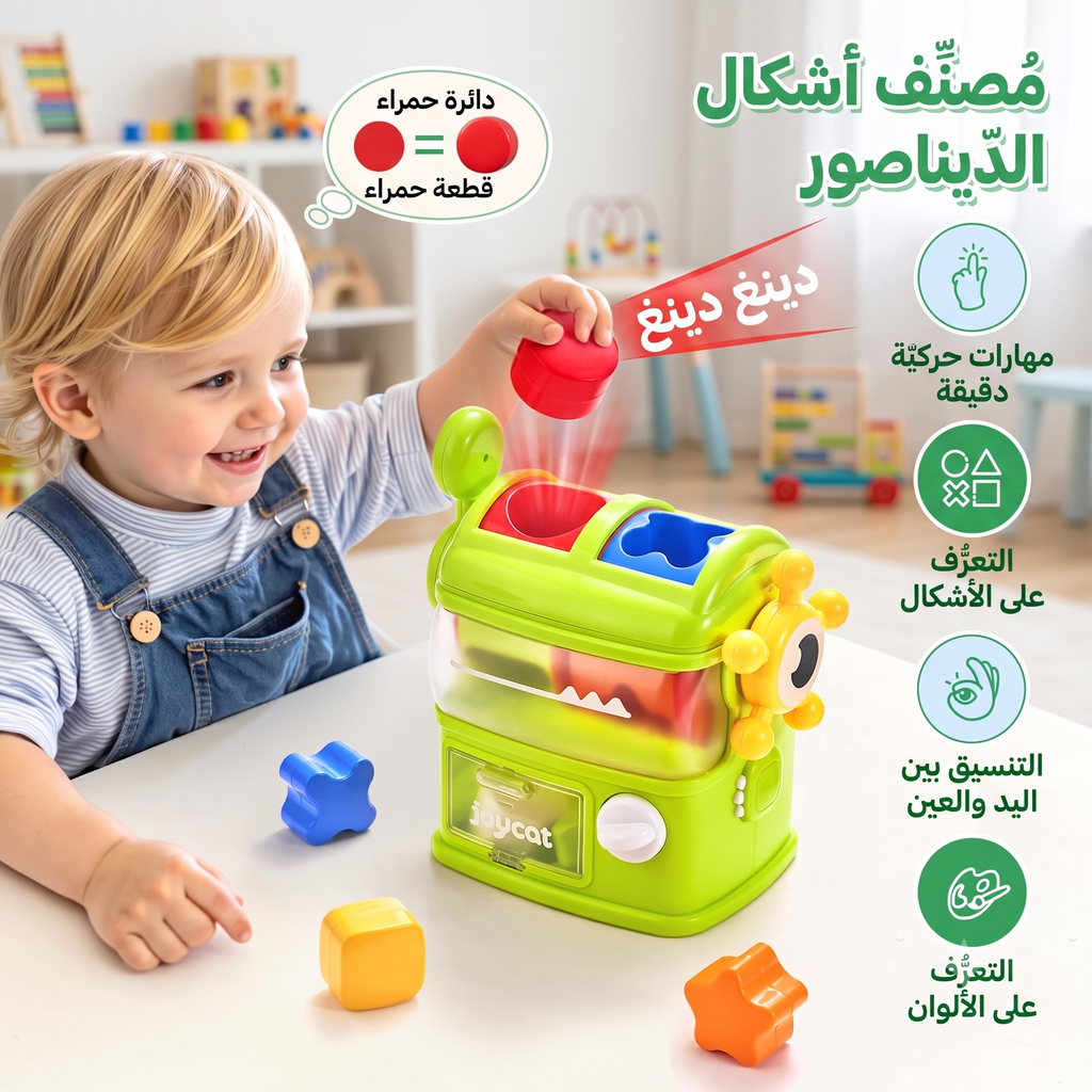 آلة فرز الأشكال بتصميم ديناصور - 6 مكعبات صوتية ومنتسوري للأطفال