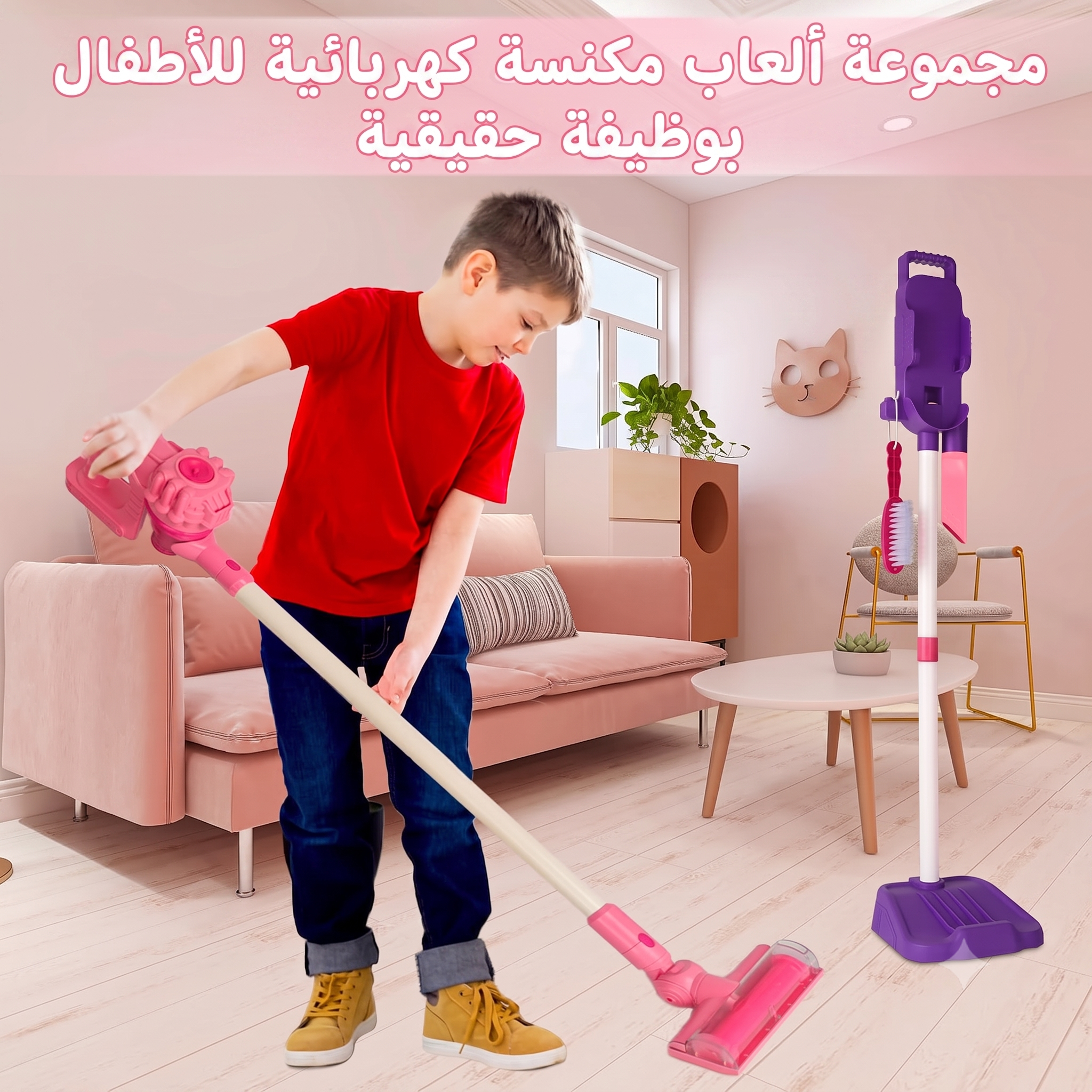 طقم التنظيف 3 في 1 - مكنسة كهربائية بشفط حقيقي وإضاءة وتوابعها - وردي