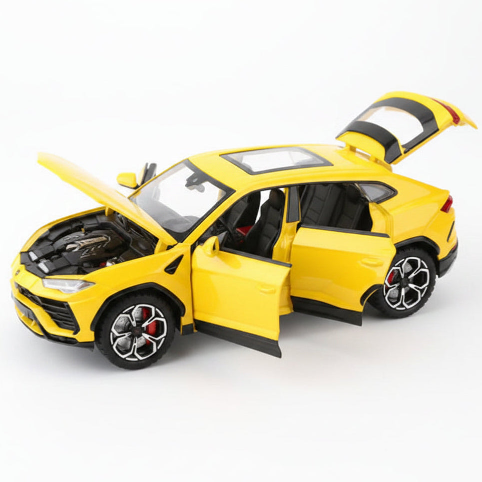 Yellow toy car with open doors on a white background