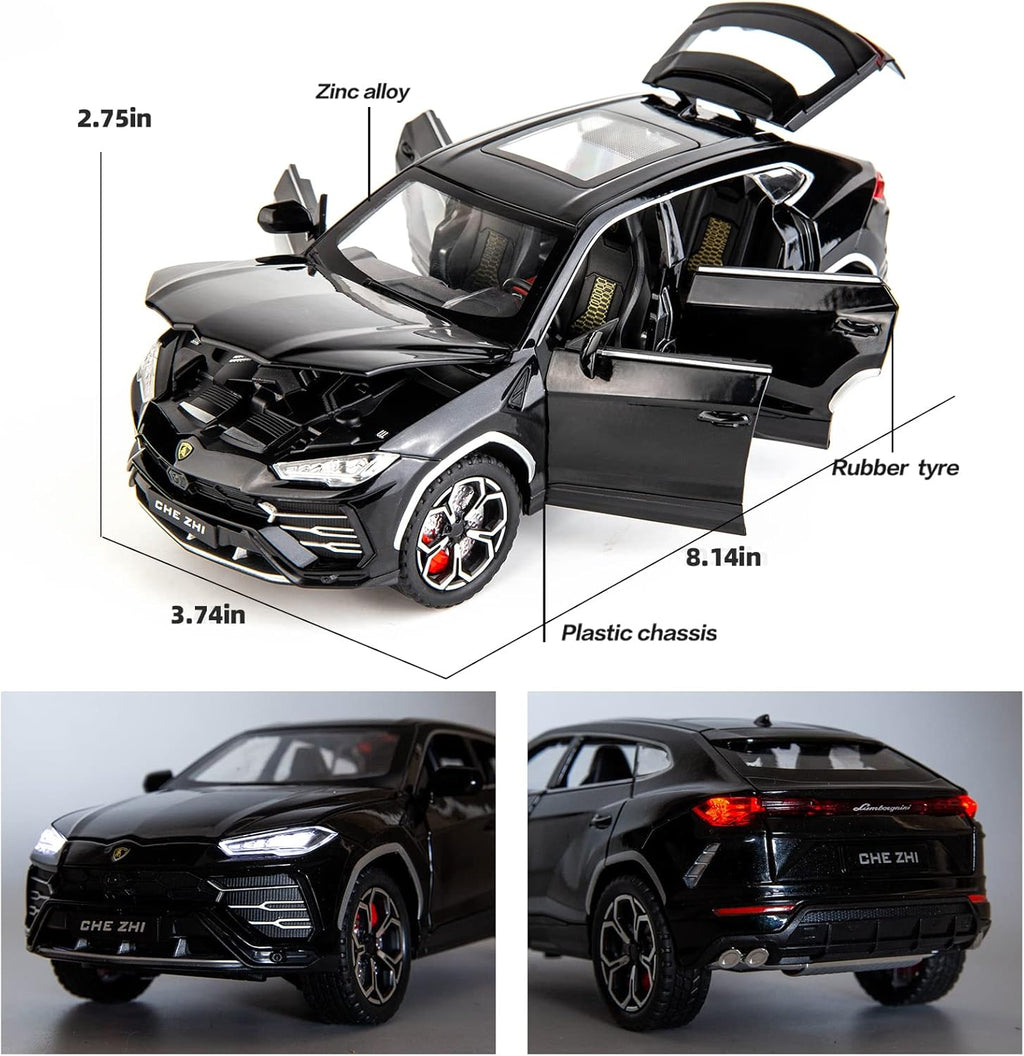 Black model car with open doors and detailed measurements on a white background