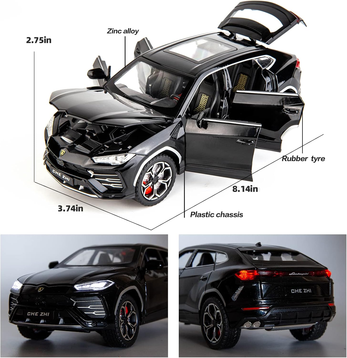 Black model car with open doors and detailed measurements on a white background