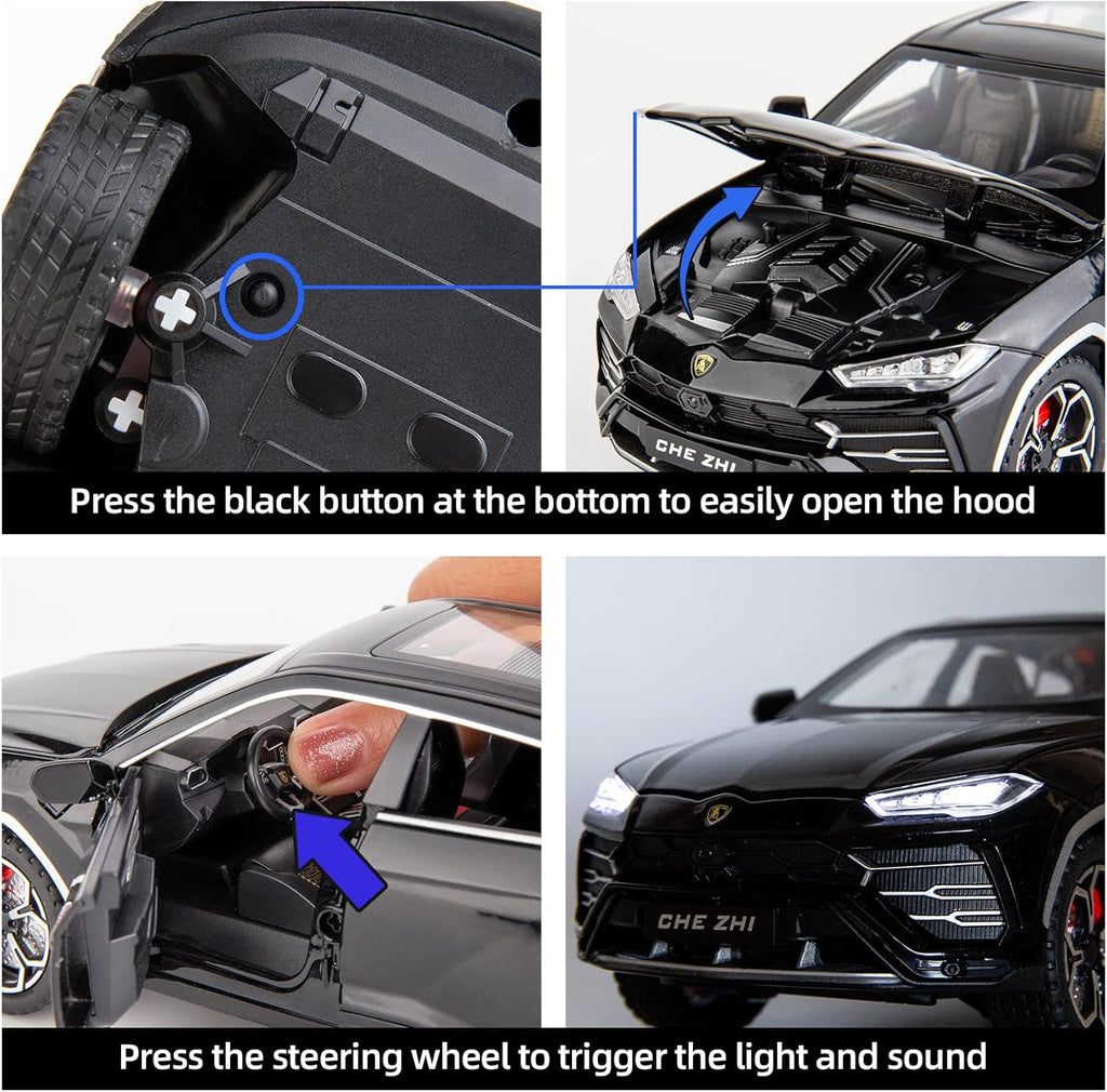 Instructions for operating a toy car with labeled parts and actions.
