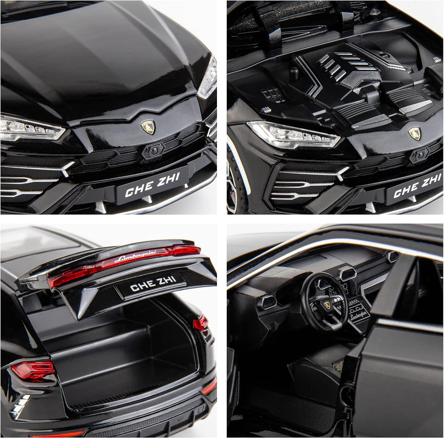 Collage of a black Lamborghini Urus with visible branding, including front, side, rear, and interior views.