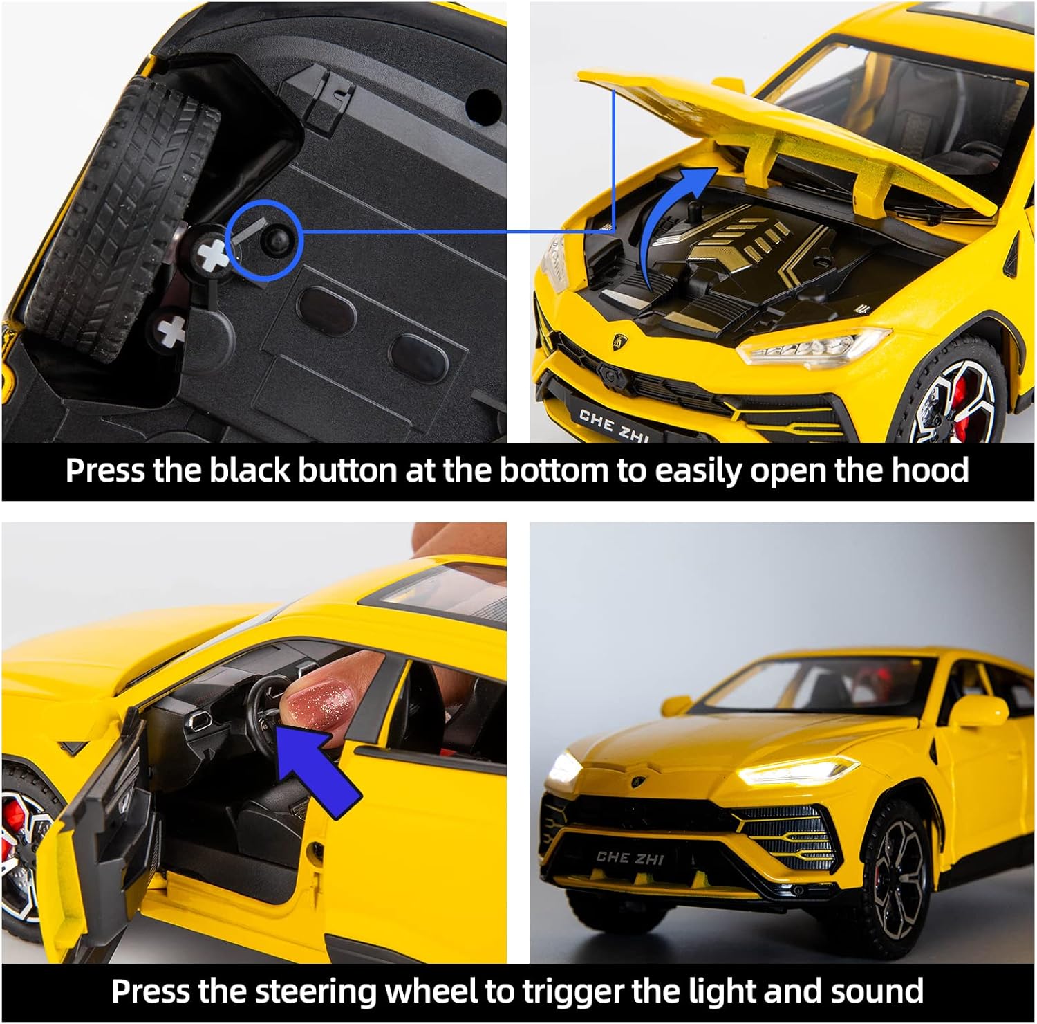 Yellow toy car with open hood and detailed interior, featuring buttons and steering wheel controls.