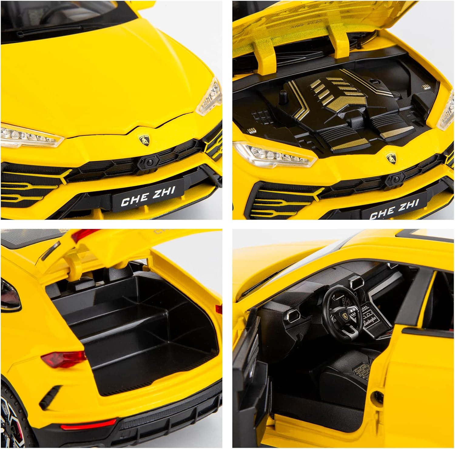 Yellow toy car with detailed features on a white background
