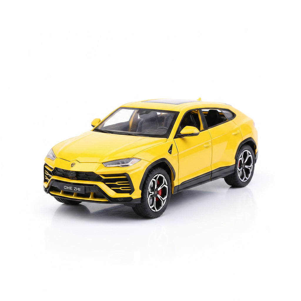 Yellow toy SUV on a concrete surface with cacti in the background