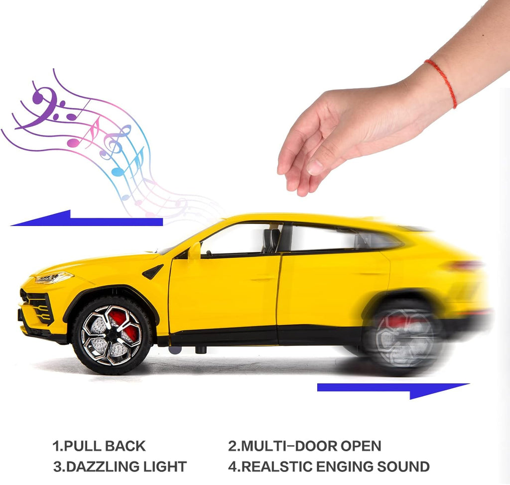 Yellow toy car with hand interacting, featuring pull-back feature and sound effects on a white background.