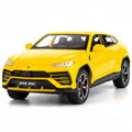 Yellow toy SUV model with detailed design on a white background