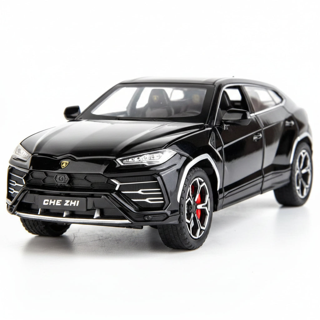 Black Lamborghini model car on a white background