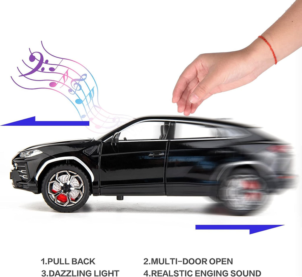 Black toy car with a hand interacting, featuring music notes and arrows indicating features.