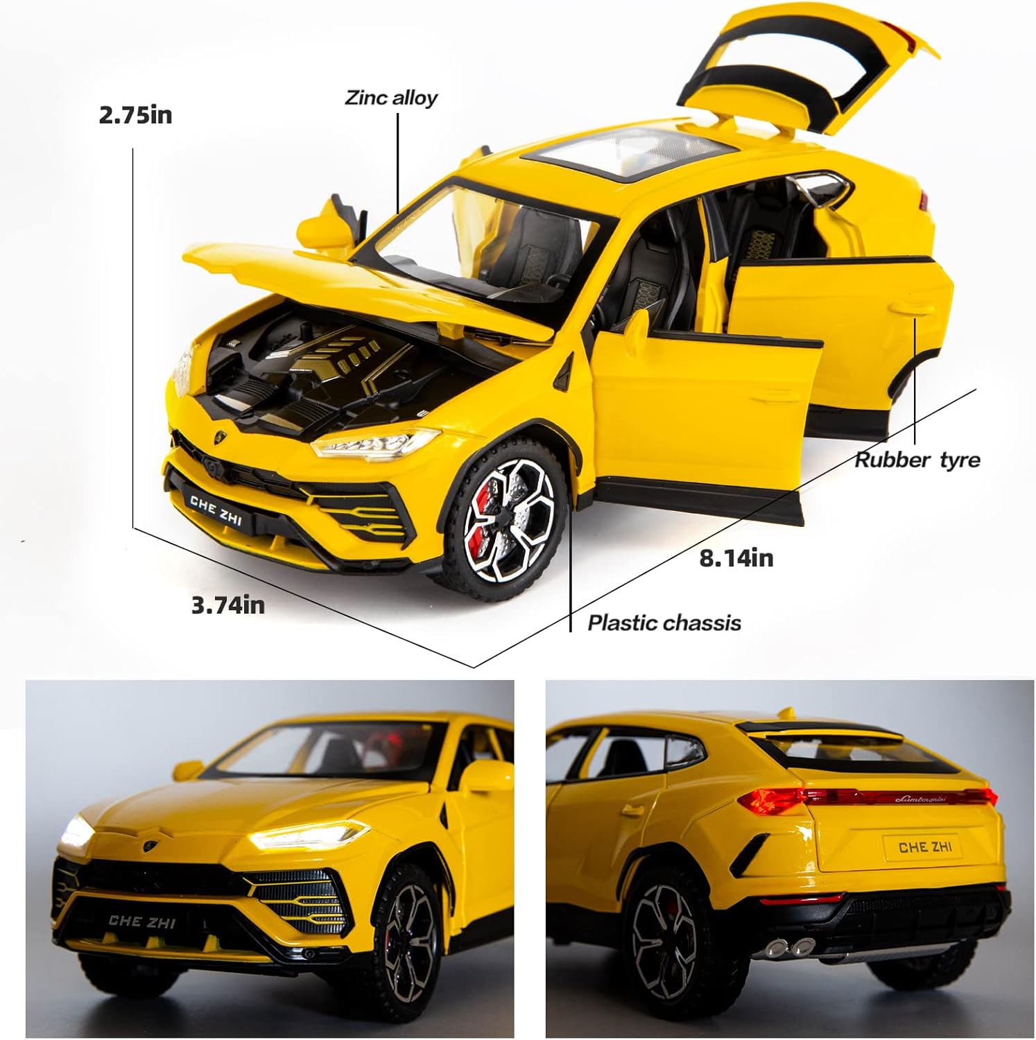 Yellow toy SUV with measurements and component labels on a white background