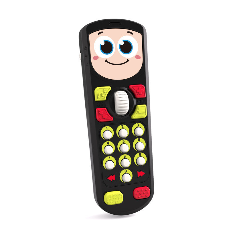 Toy remote control with a cartoon face on a white background
