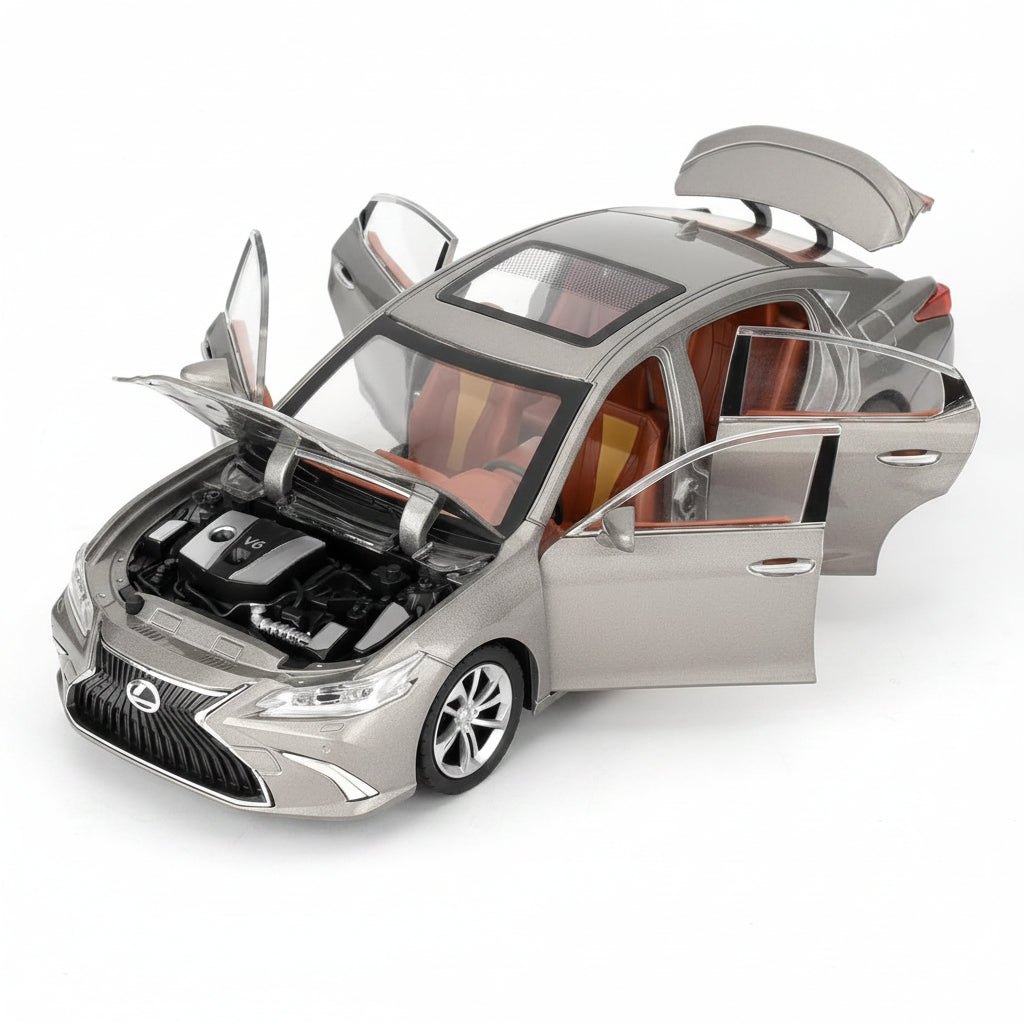 Model car with labeled parts on a white background