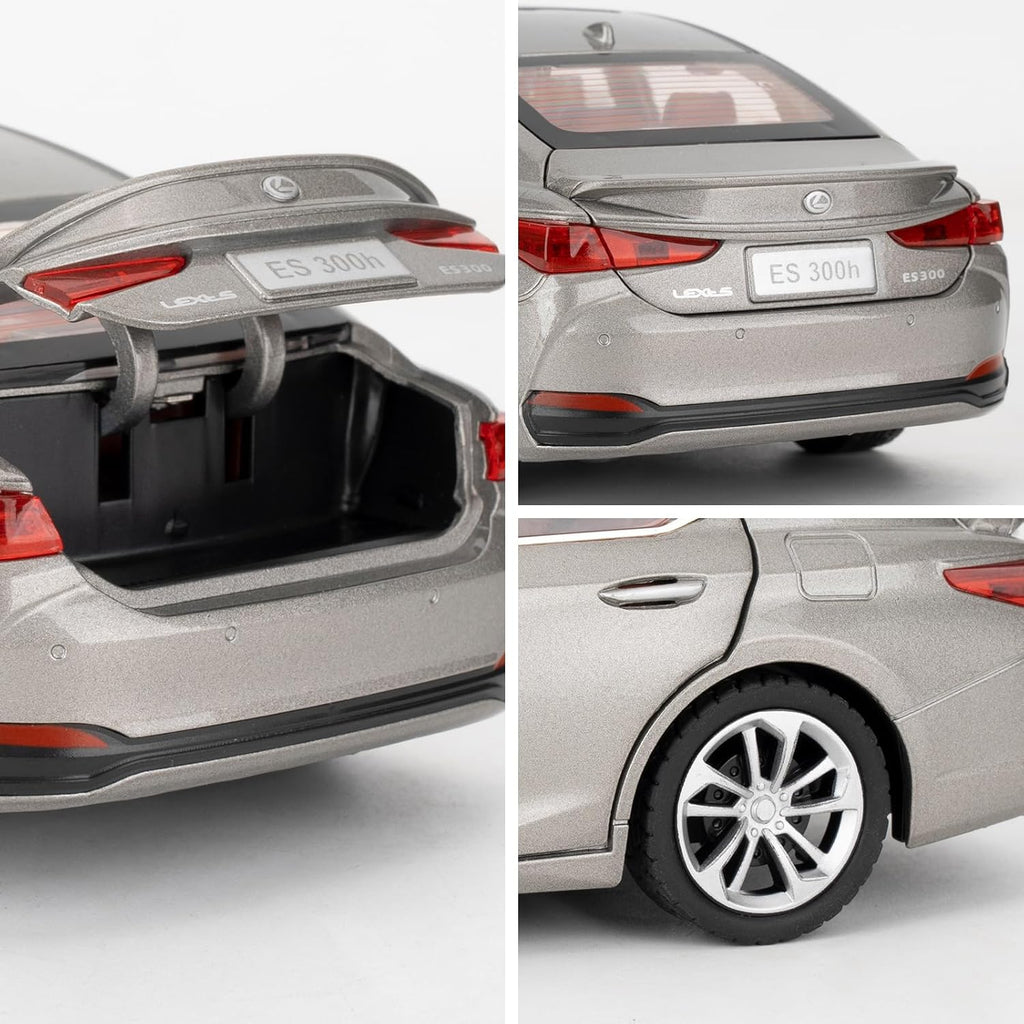 Collage of a car's rear view with open trunk and side profile on a white background