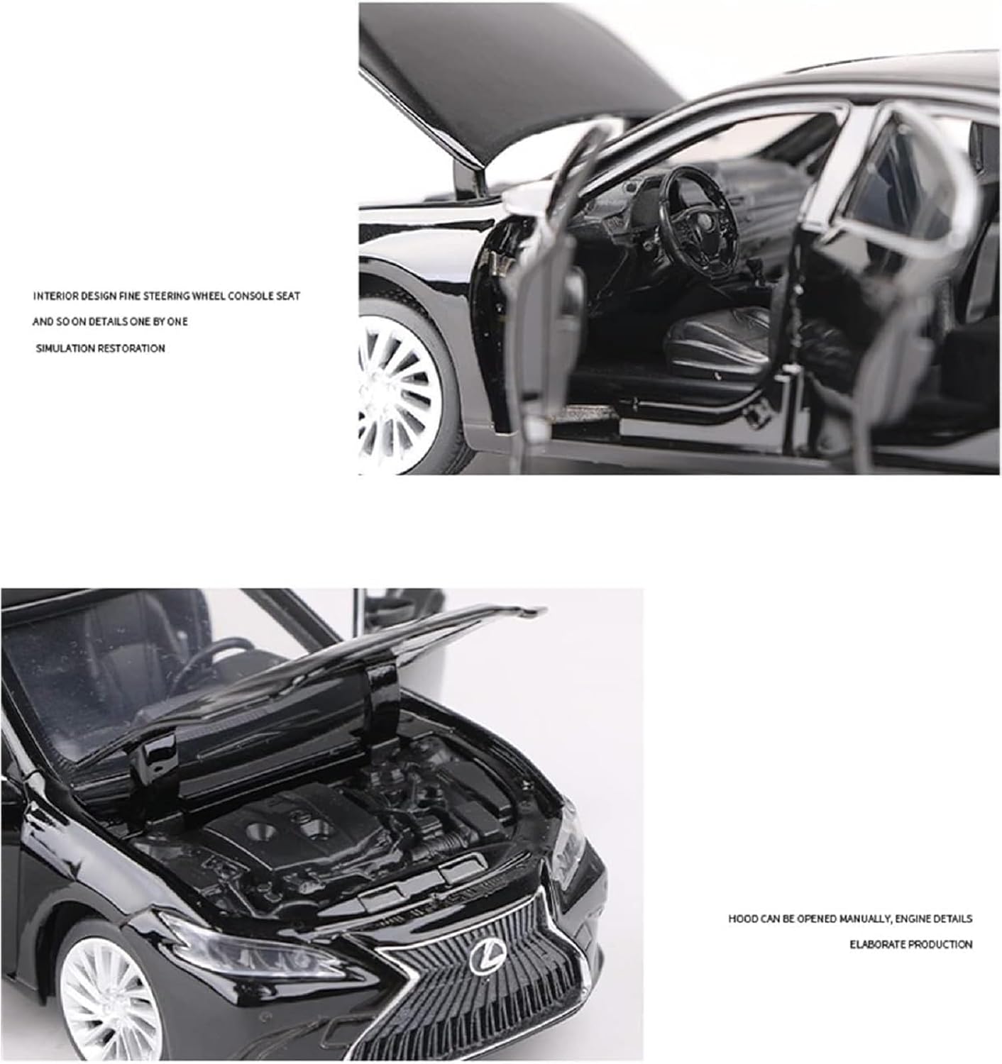 Model car with open hood and detailed interior, featuring Lexus branding.