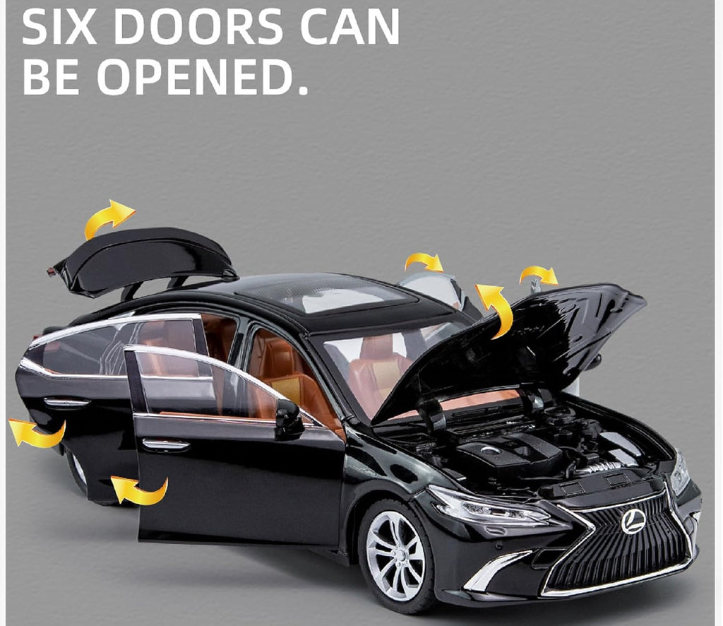 Model car with open doors on a gray background