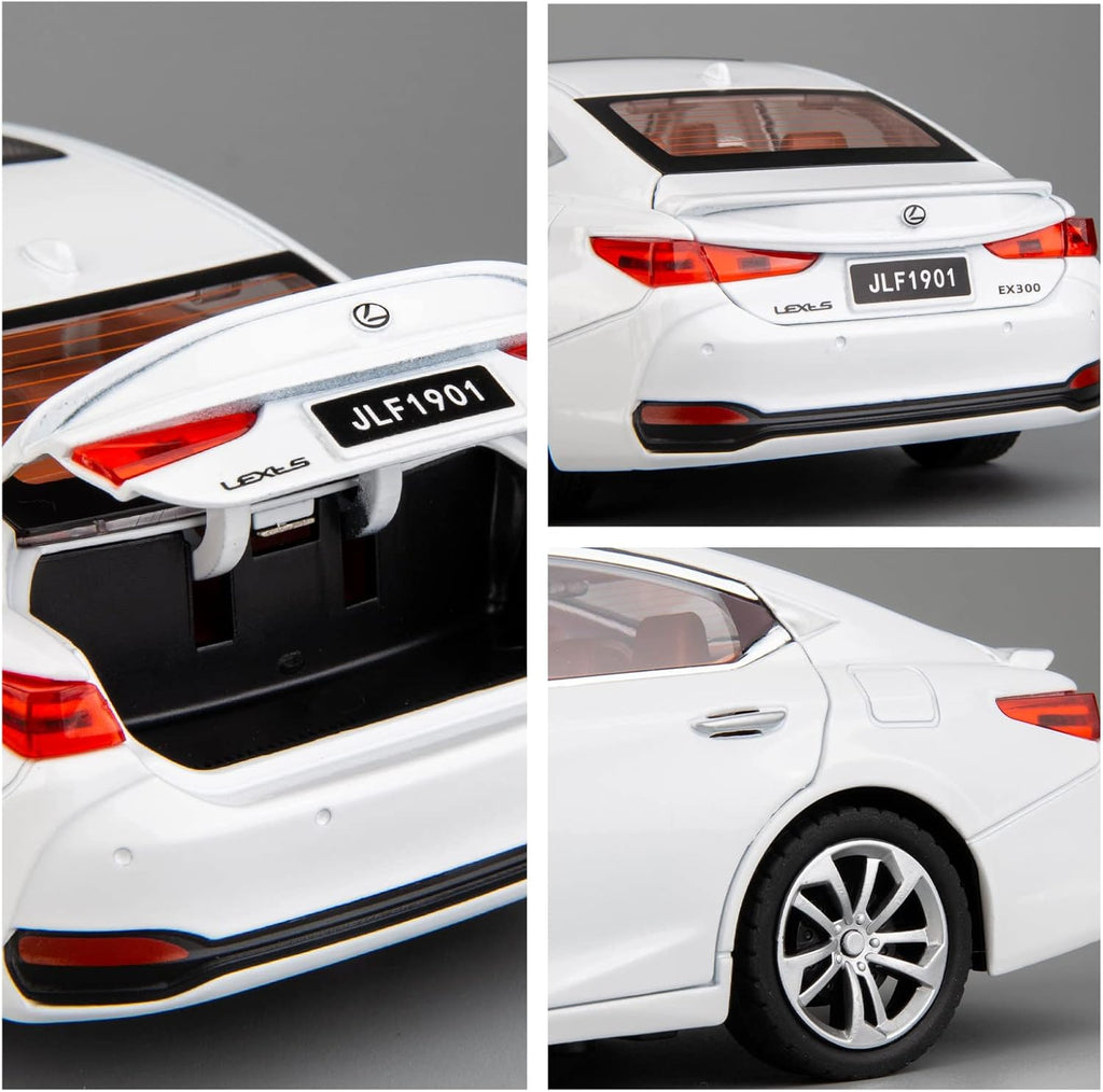Collage of a white Lexus car showing different angles and features.