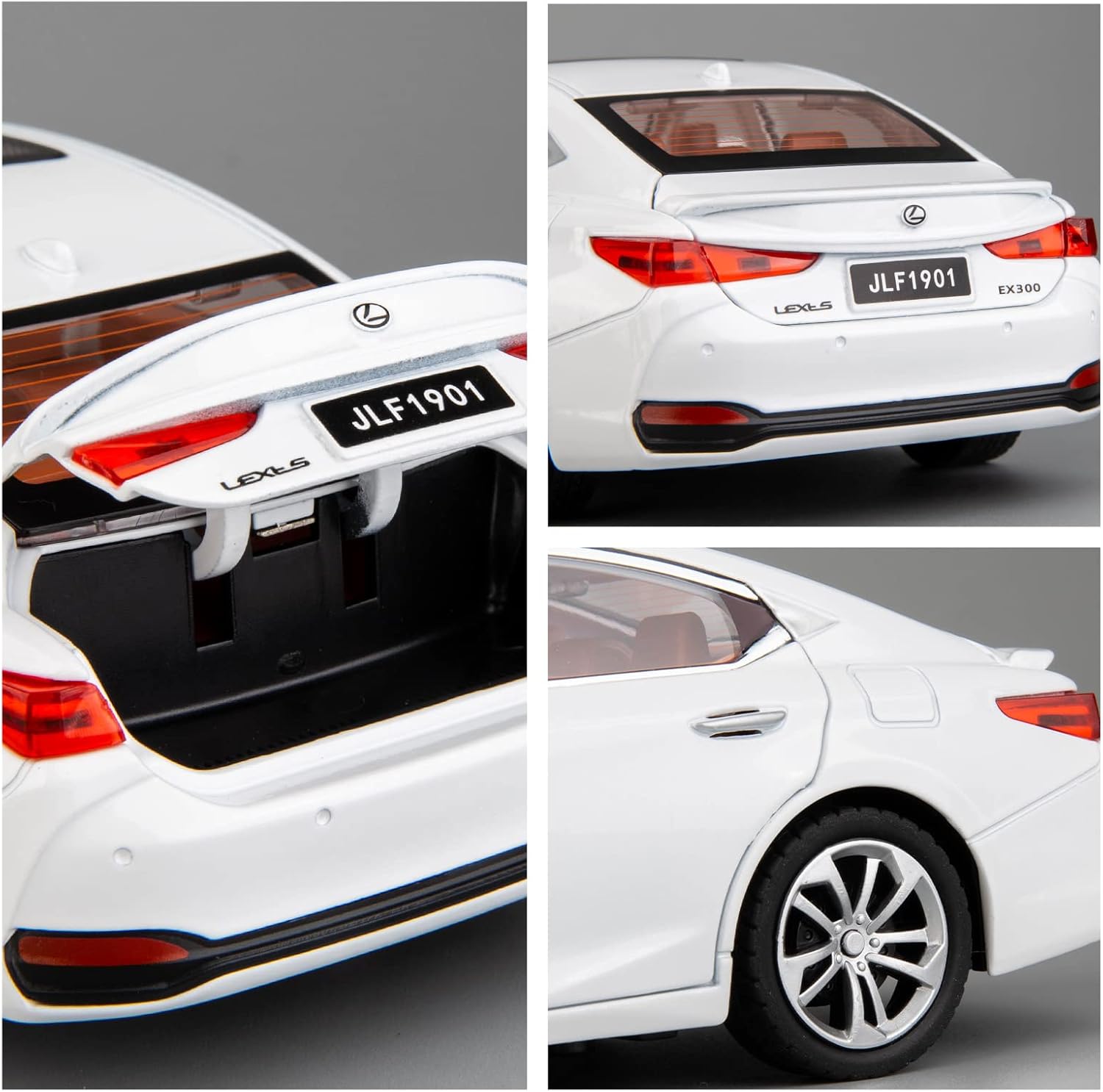 Collage of a white Lexus car showing different angles and features.