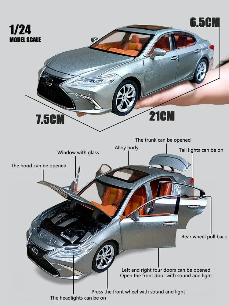 Model car with labeled features and dimensions on a gray background