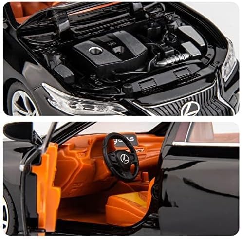 Close-up of a toy car with open hood showing engine details, and interior view with steering wheel.