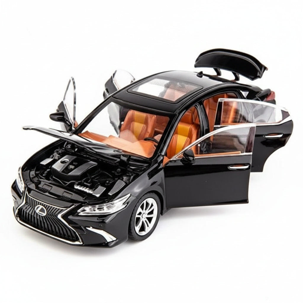 Black toy car with open doors and detailed features labeled, on a white background.